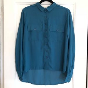 Covet Blue Sheer Oversized High Low Shirt